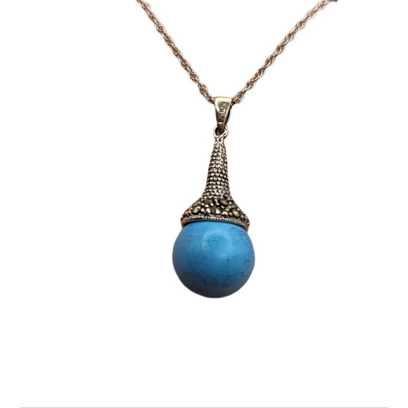 Sterling Silver Marcasite Elegant Turquoise Solitaire Pendant Marked "NTH" - Picture 1 of 3